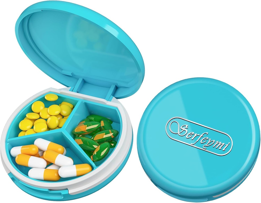 Serfeymi Small Pill Box - 3 afdelinger Portable Pill Box til purse Pocket, Compact Mini Travel Pill Case - Egnet til medicin, Vitamin, Fish Oil, Kosttilskud - Light Blue (Logo)