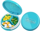 Serfeymi Small Pill Box - 3 afdelinger Portable Pill Box til purse Pocket, Compact Mini Travel Pill Case - Egnet til medicin, Vitamin, Fish Oil, Kosttilskud - Light Blue (Logo)