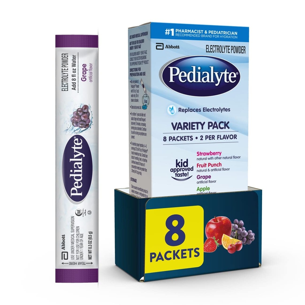 Pedialyte Electrolyte Powder Removal 124; Hydration Drink til børn og voksne Removal Pack: Grape, Strawberry Lemonade, og Orange, 8 Powder Packets