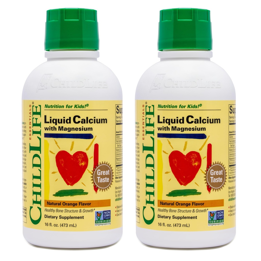 ChildLife Essentials Liquid Calcium supplement til børn - Baby Calcium med magnesium, zink, og vitamin D3 - Orange Flavor, 16 fl oz (2 Pack)
