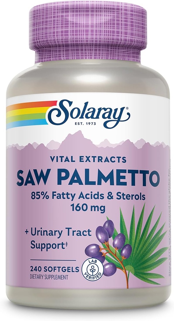 SOLARAY Saw Palmetto Extract - Prostate Health and Urinary Tract Support - 136 mg fedtsyrer og steroider - Lab Verified, 60- Day Money- Back Garanti (240 Serveringer, 240 Softgels)