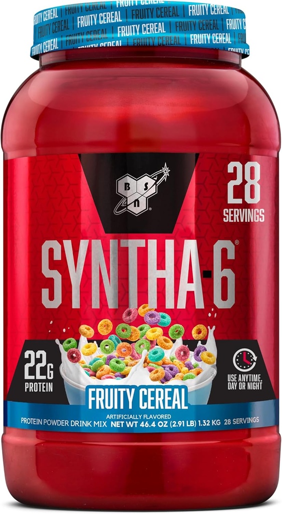 BSN SYNTHA- 6 Premium Protein Powder med 6 g Fiber, Whey Protein, Micellar Casein, Milk Protein Isolate Blend, 5g Fedt, Fruity Cereal, 28 Servere (Packaging May Vary)