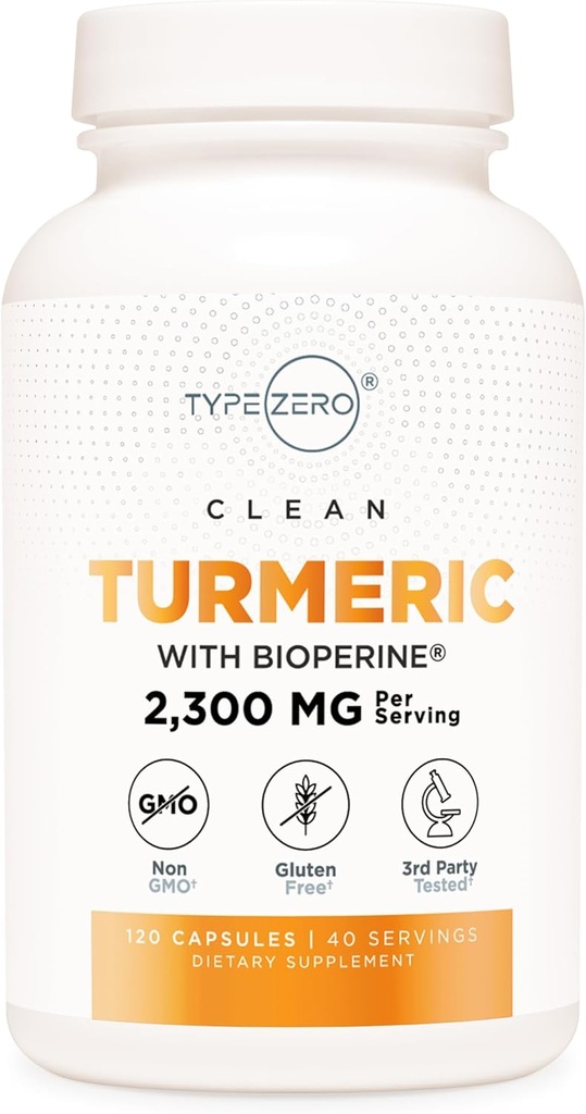 Type Zero gurkemeje med Bioperine (120 kapsler) (2300 mg per servering) - GMO fri, Gluten fri, 3. part testet