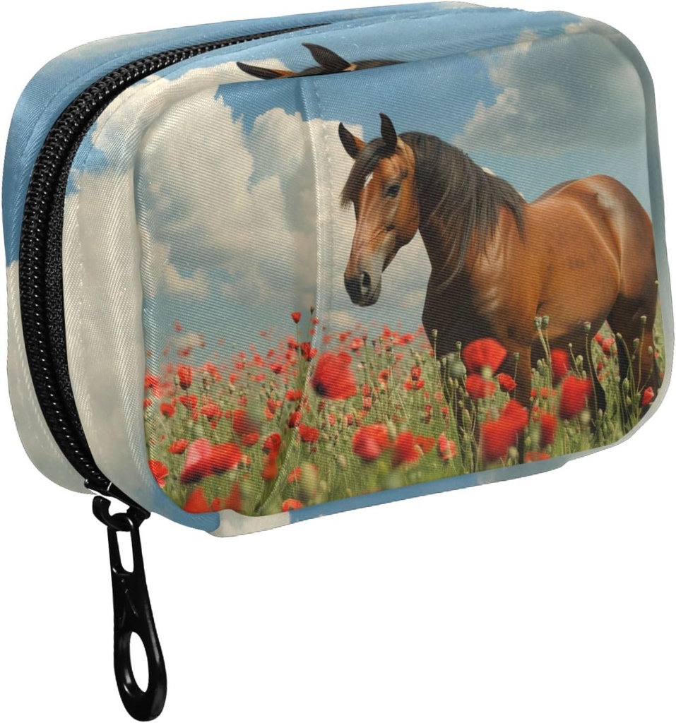 Fustylead Mane Horse Walking i Poppy Flower Field Pill Organizer sag med lynlås 2 gange en dag for vitamin og supplement, 7 dages rejse Organizer Medicin sag