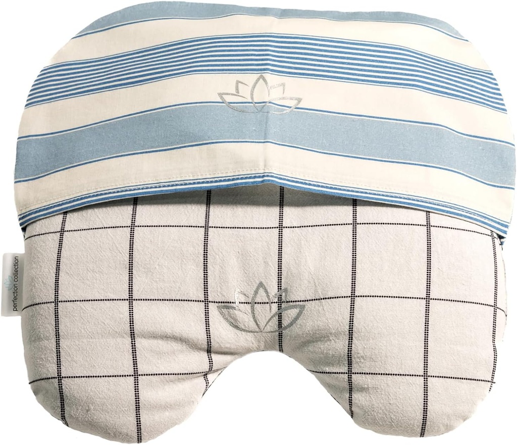Migraine Relief Eye Pillow Masks with Bonus Washable Cover: Flaxseed Filled for Hot and Cold Pain Relief Therapy (Adult, White and Black, Blue and Ivory Stripe)