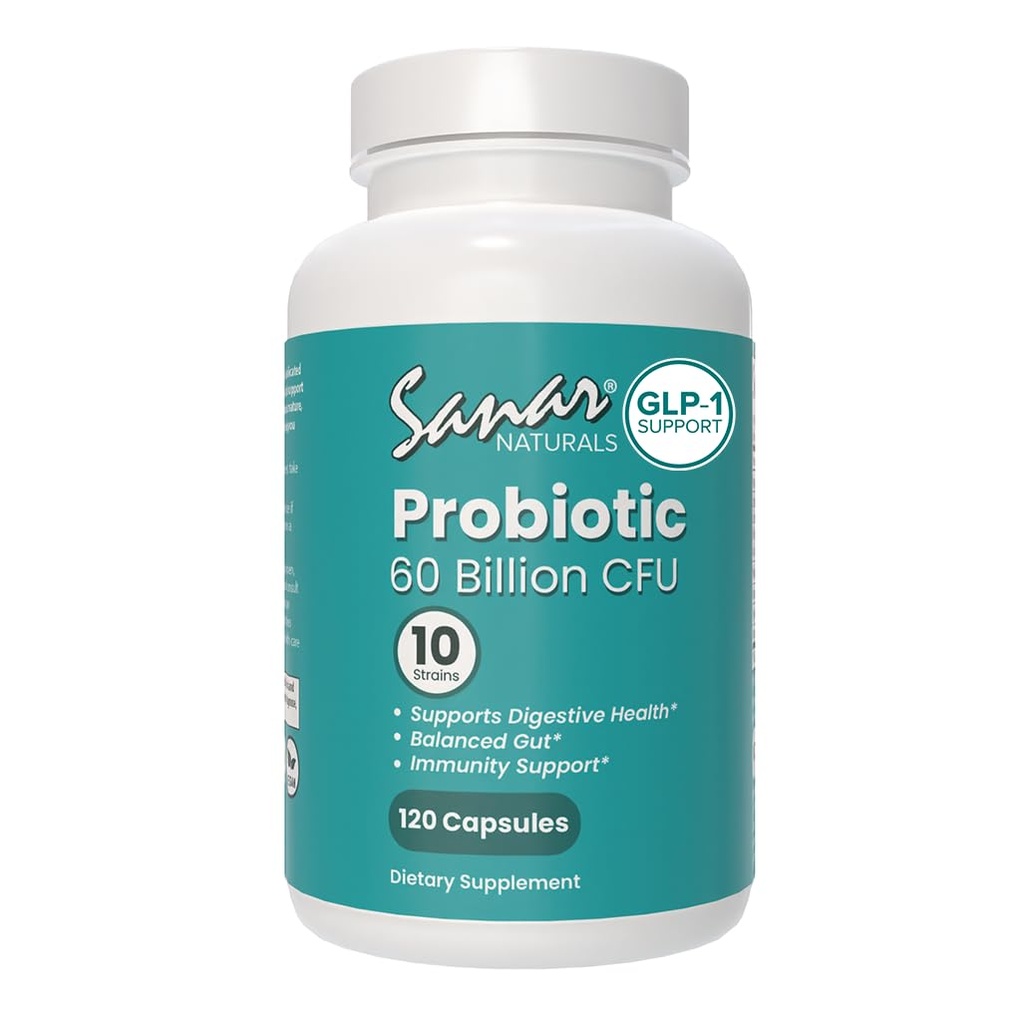 Sanar Naturals Probiotika 60 Millioner CFU - 10 Stammer + Prebiotika - Understøtter immunforsvar, fordøjelsesbesvær, & Gut Sundhed - Probiotika for kvinder og mænd - Vegan, Non- GMO, Gluten Free, 120 Kapsler
