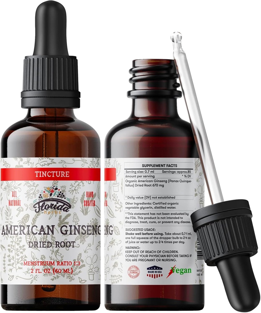 Amerikansk Ginseng Tincture Extract, Økologisk Amerikansk Ginseng (Panax Quinquefolius) Tørret rodtilskud, Non- GMO i Cold- Pressed Organic Vegetabilsk Glycerin 700 mg, 2 oz (60 ml)