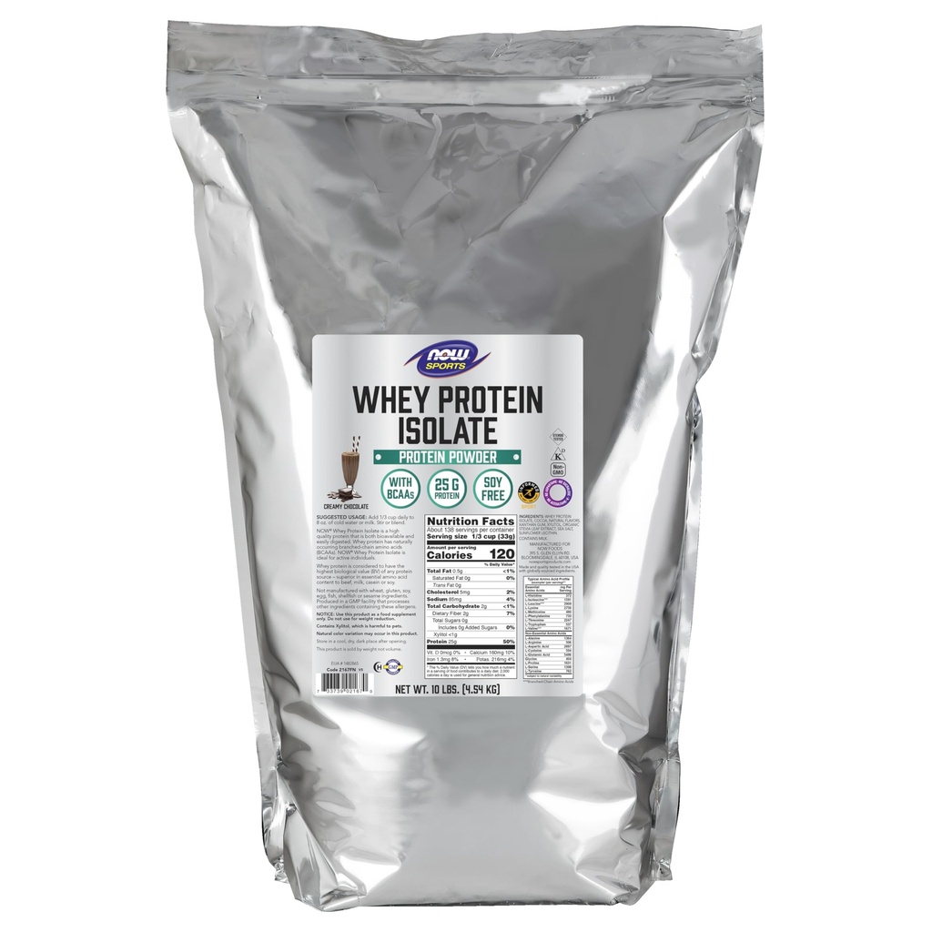 Now Foods Sport Nutrition, Whey Protein Isolate, 25 g med BCAA, cremet chokolade pulver, 10-pound