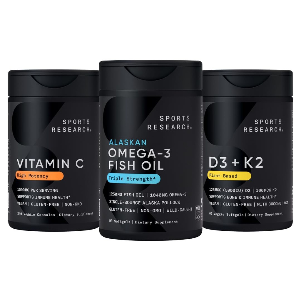 Sports Research 1250 mg Omega 3 Burpless Fish Oil - Wild Alaska Pollock - (90 Count), High Potency Vegan Vitamin C 1000mg (240 Count) + Vegan 5000iu Vitamin D med 100mcg Mk7 Vitamin K (60 Count)