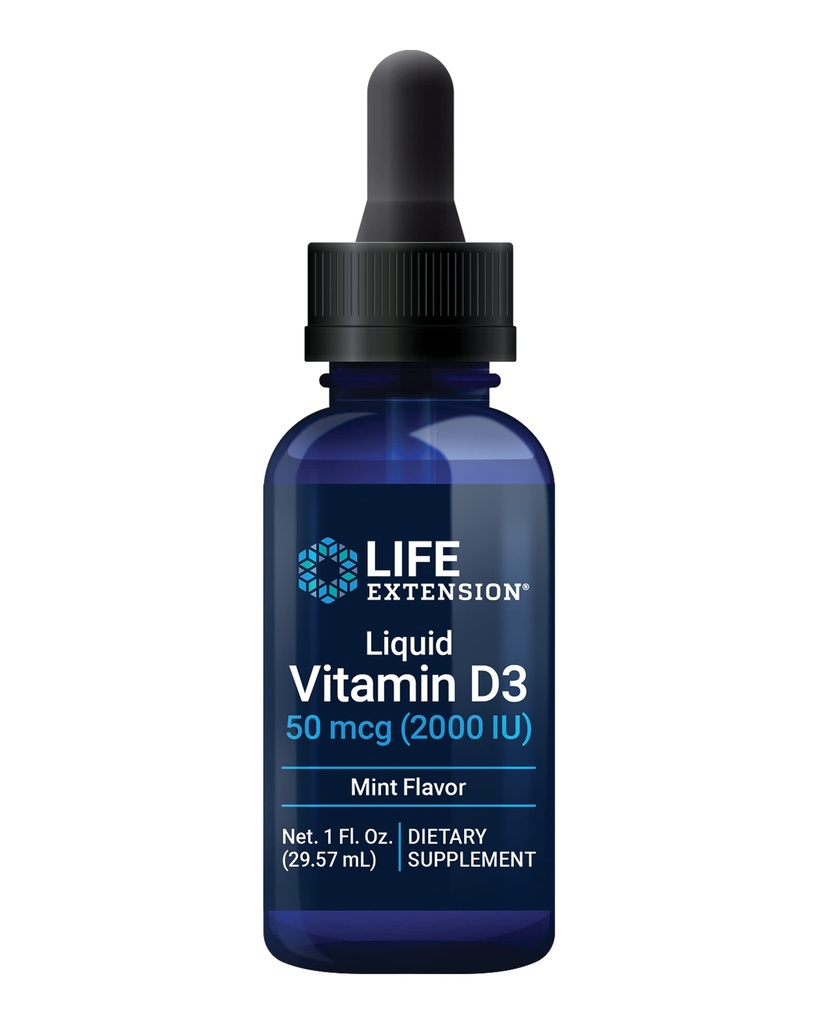 Life Extension Liquid Vitamin D3 (Mint), 50 mcg (2000 IE), Immunsystemet Support, Knoglehelbred, Whole- Body Health, Tasty Peppermint Flavor, Gluten Free, Non- GMO, 29.57 ml