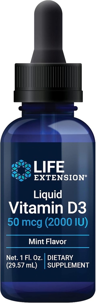 Life Extension Liquid Vitamin D3 (Mint), 50 mcg (2000 IE), Immunsystemet Support, Knoglehelbred, Whole- Body Health, Tasty Peppermint Flavor, Gluten Free, Non- GMO, 29.57 ml