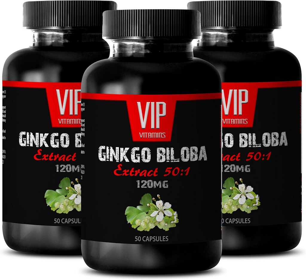 VIP VITAMINS Ginkgo biloba for Teens - Ginkgo Biloba Leaf 120mg - for sund hjernefunktion (3 flasker - 150 kapsler)
