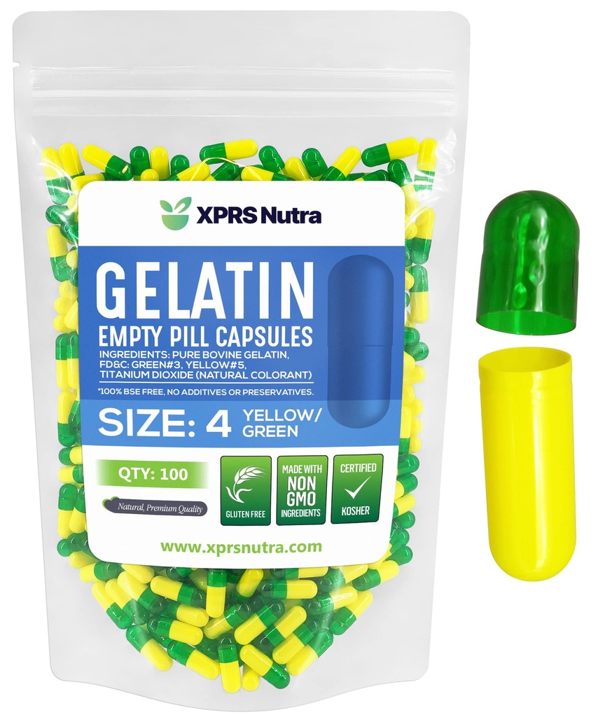 XPRS Nutra Størrelse 4 Tomme kapsler - 100 Tomme Tomme Gelatine kapsler - Pill Caps - gør det Capsule Fyldning - Bovin Pill Gel Caps (grøn / gul)