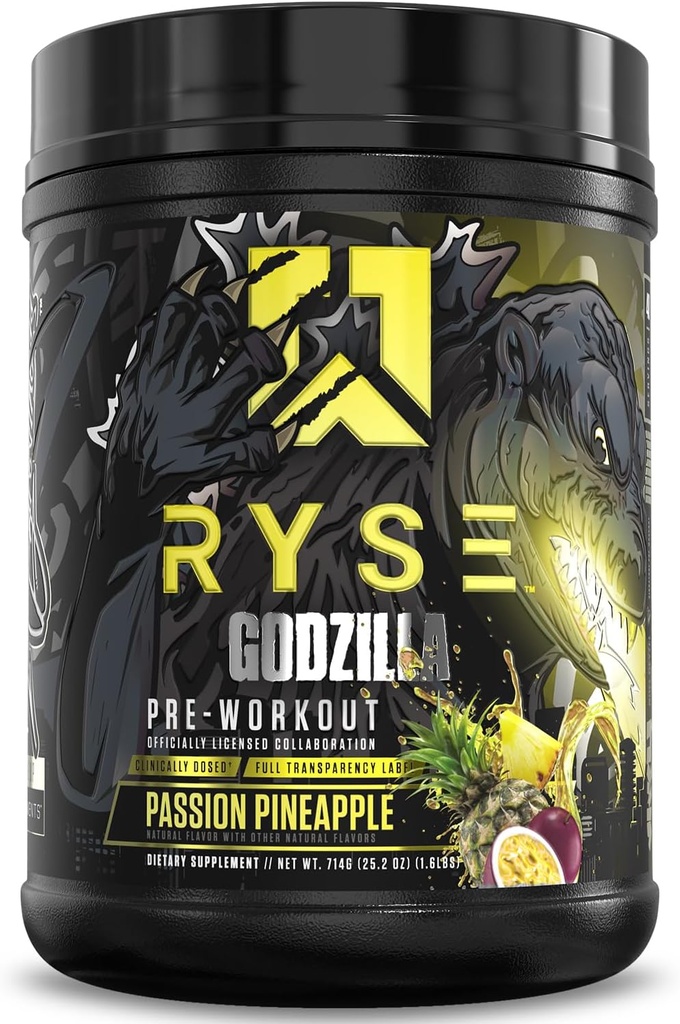 RYSE Godzilla X Noel Deyzel Pre Workout Powder - Passion Pineapple - 400mg Koffein, High Stim Pre- Workout for mænd og kvinder med Citrullin & Beta alanine - Energi, Pump & Focus - 20 / 40 Servering
