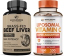 Grass Fed Desiccated Beef Liver Capsules (180 Pills, 750mg Each) + Liposomal Vitamin C Capsules (200 Pills 1500mg Buffered) High Absorption VIT C Bundle