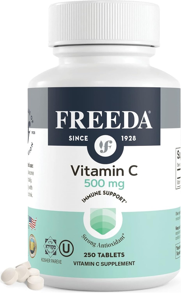 FREEDA Vegan Vitamin C 500mg - Kosher immunforsvar & antioxidant - Hjælper med at bevare sund hud og hår, understøtter jernabsorption - Ingen gluten, ingen laktose, ingen kunstig smag eller farve - 250 tabletter
