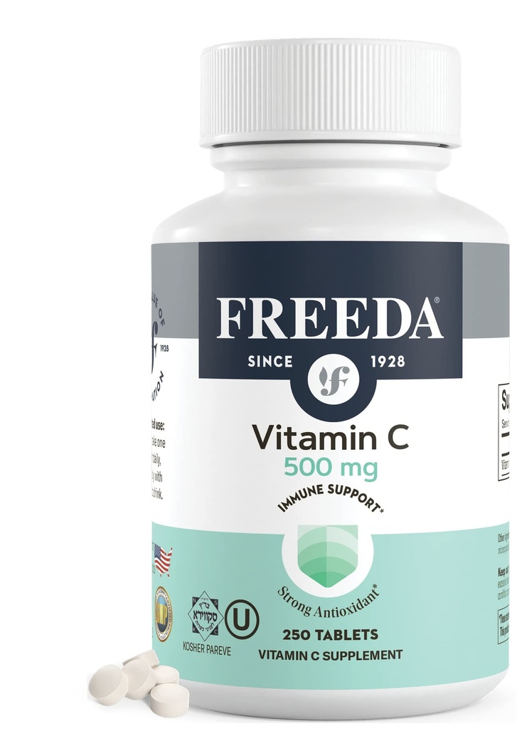 FREEDA Vegan Vitamin C 500mg - Kosher immunforsvar & antioxidant - Hjælper med at bevare sund hud og hår, understøtter jernabsorption - Ingen gluten, ingen laktose, ingen kunstig smag eller farve - 250 tabletter