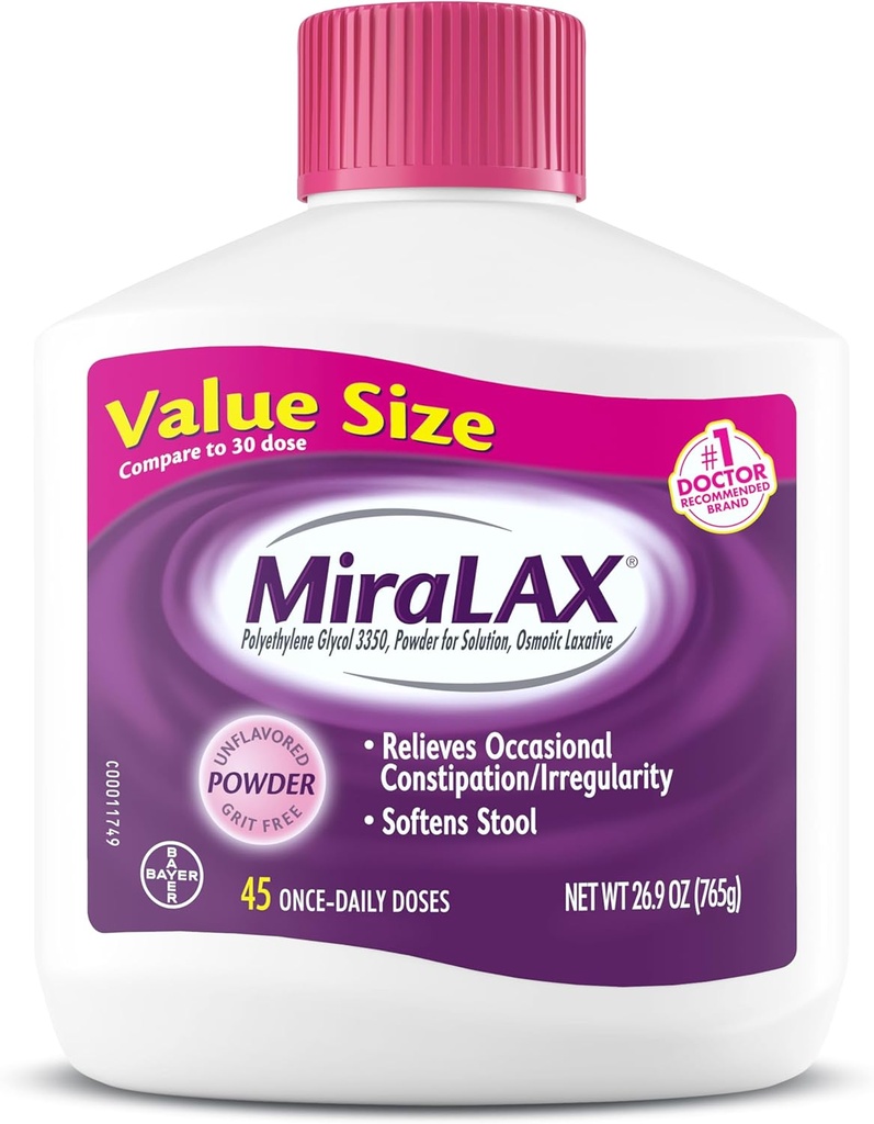 MiraLAX Laxative Powder, Let Obstipation Relief for voksne, Afføringsmiddel med PEG 3350, Nonstimulant Laxative, Ingen hårde bivirkninger, Osmotic Laxative, 45 dosis