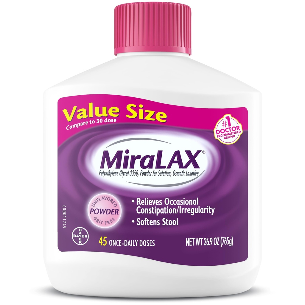 MiraLAX Laxative Powder, Let Obstipation Relief for voksne, Afføringsmiddel med PEG 3350, Nonstimulant Laxative, Ingen hårde bivirkninger, Osmotic Laxative, 45 dosis