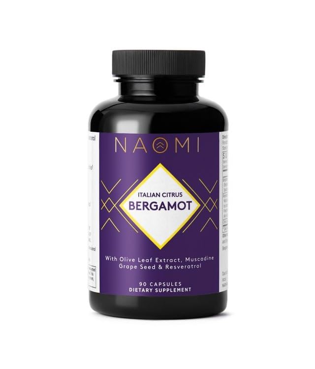 NAOMI Italiensk Citrus Bergamot 500mg + Resveratrol, Award- Winning Kardiolog Dvlpd, Understøtter Normal Cholesterol & Sund Cellular Funktion, 7 Key Polyphenoler, Resveratrol & Olive Leaf, 90- Day Supply