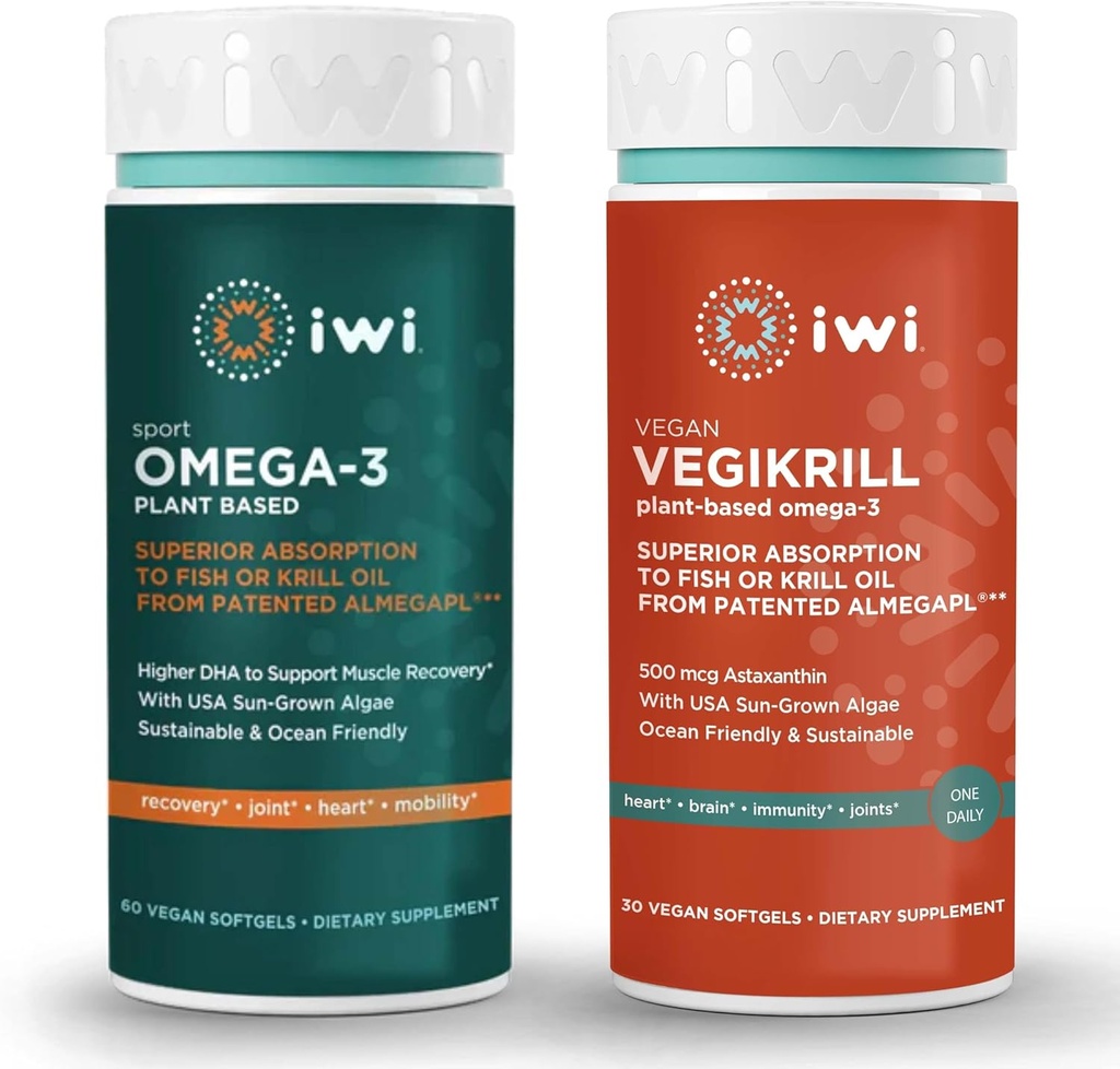 iwi Omega-3 Sport & Vegikrill Omega-3 Bundle, 30 Servering, Vegan Plant- baseret Alger Omega 3 med EPA + DHA, Krill & Fish Oil Alternative, Ingen Fishy Aftersmage