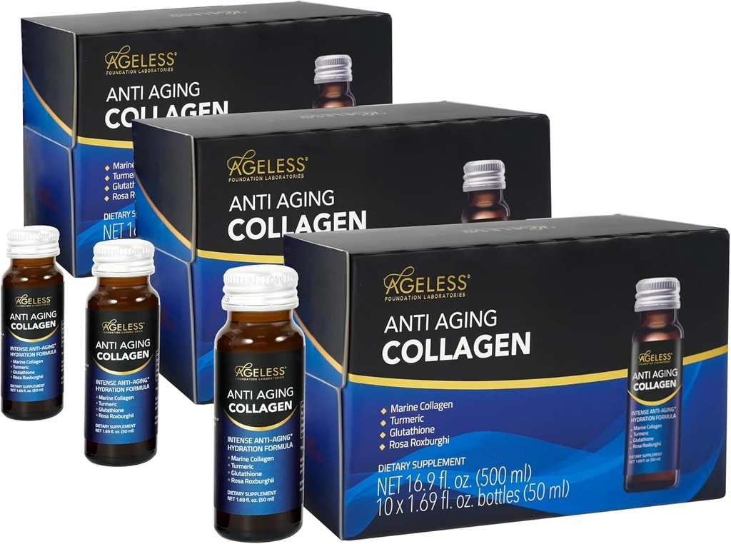 Agueless Ultra Anti Aging Flydende Collagen til mænd og kvinder, Marine Collagen, gurkemeje, Glutathion, og Rosa Roxburghii, Multi Vitamin, Skincare, Hydrating & Revitalizing Formel - 50 ml (30 Greve)