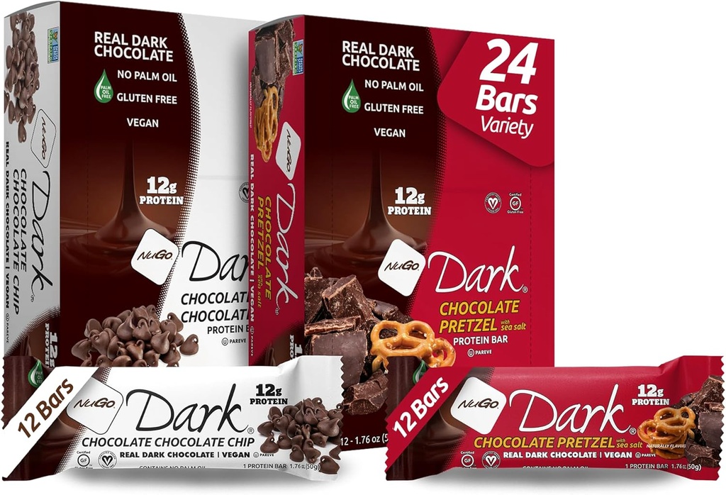 NuGo Dark Variety - Chokolade Pretzel 12 Barer & Chokolade Chokolade Chip 12 Barer, 12g Protein, Vegan, Gluten Free, Non- GMO, Kosher Pareve, 24 Greve