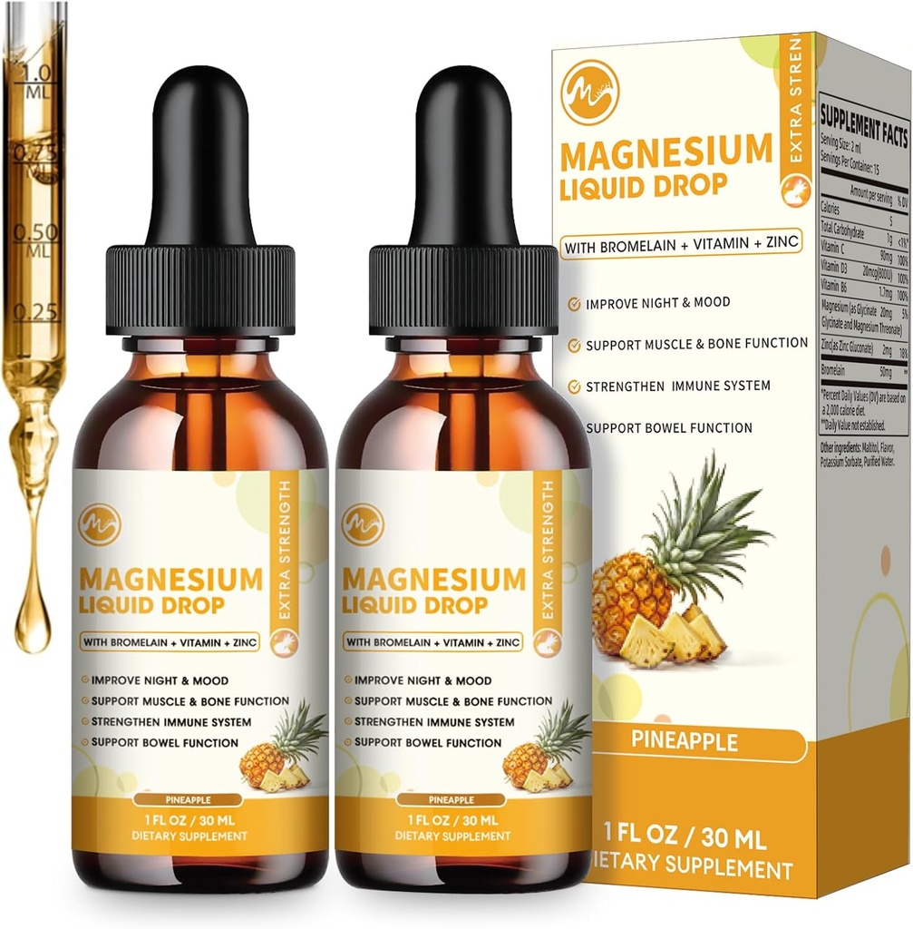 (2 Pack) M tommer Magnesium Glycinate Liquid Drop, High Absorption Liquid Magnesium Complex med Bromelain, VitaminC, D3, B6 & Zink, Threonat supplement til nat, Mood, Muscle & Bone Support