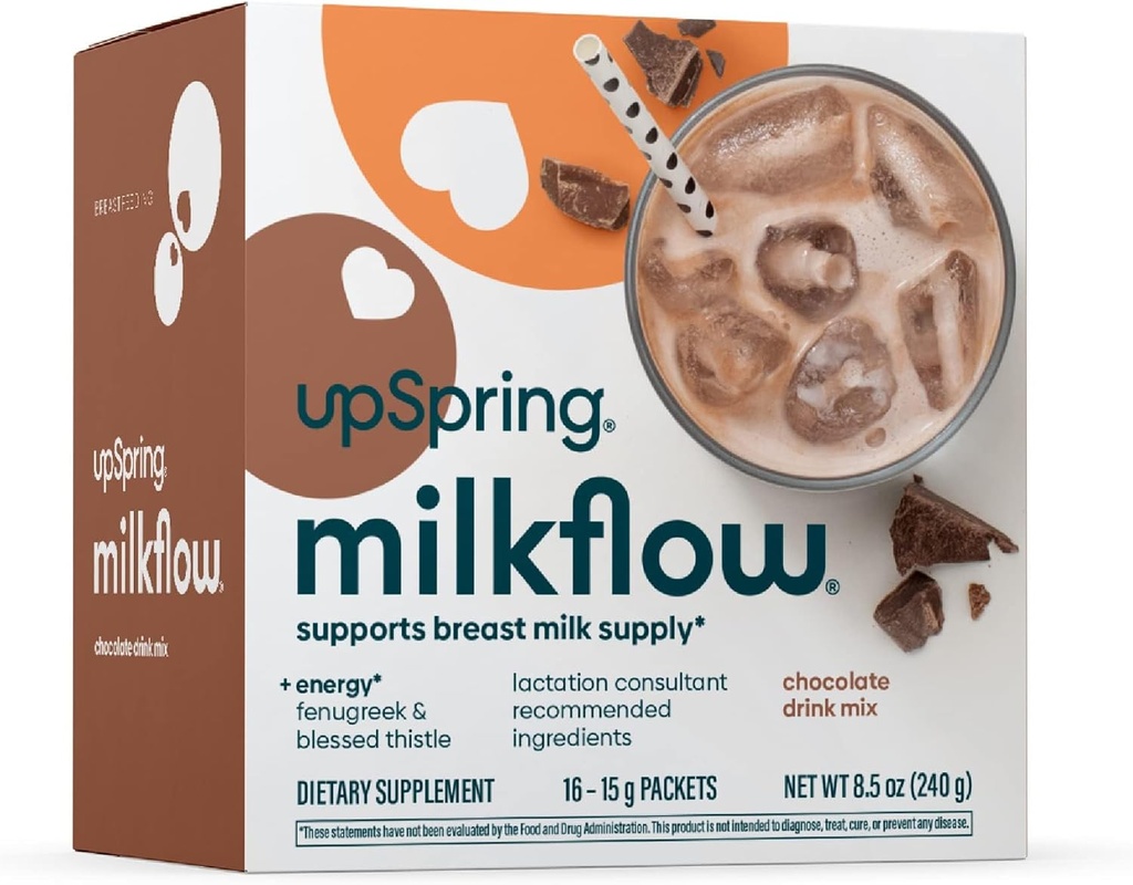 UpSpring Milkflow Energy Breastfeeding Supplement Drink Mix with Fenugreek, Chocolate Flavor, Lactation Supplement to Support Breast Milk Supply and B Vitamins, 16 Drink Mixes