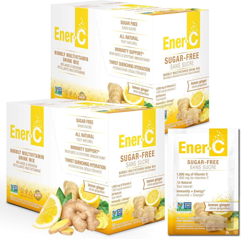Ener-C Sugar Free Energy Lemon Ginger Multivitamin Drink Mix Vitamin C 1000mg & Electrolytes - Natural Immunity Support with Real Fruit Juice Powders - Non-GMO Vegan & Gluten Free - 60 Count