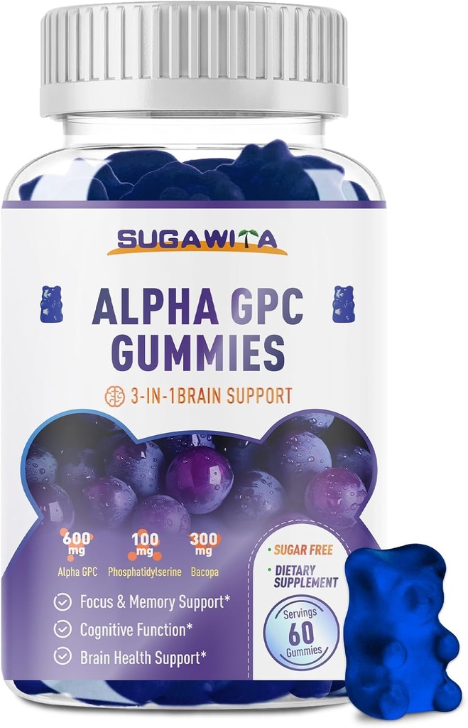 Alpha GPC Choline Gummies 600mg with Phosphatidylserine & Bacopa – 3-in-1 Brain Support for Memory, Focus & Long-Term Cognitive Health – Sugar-Free, Natural Formula, 60 Count