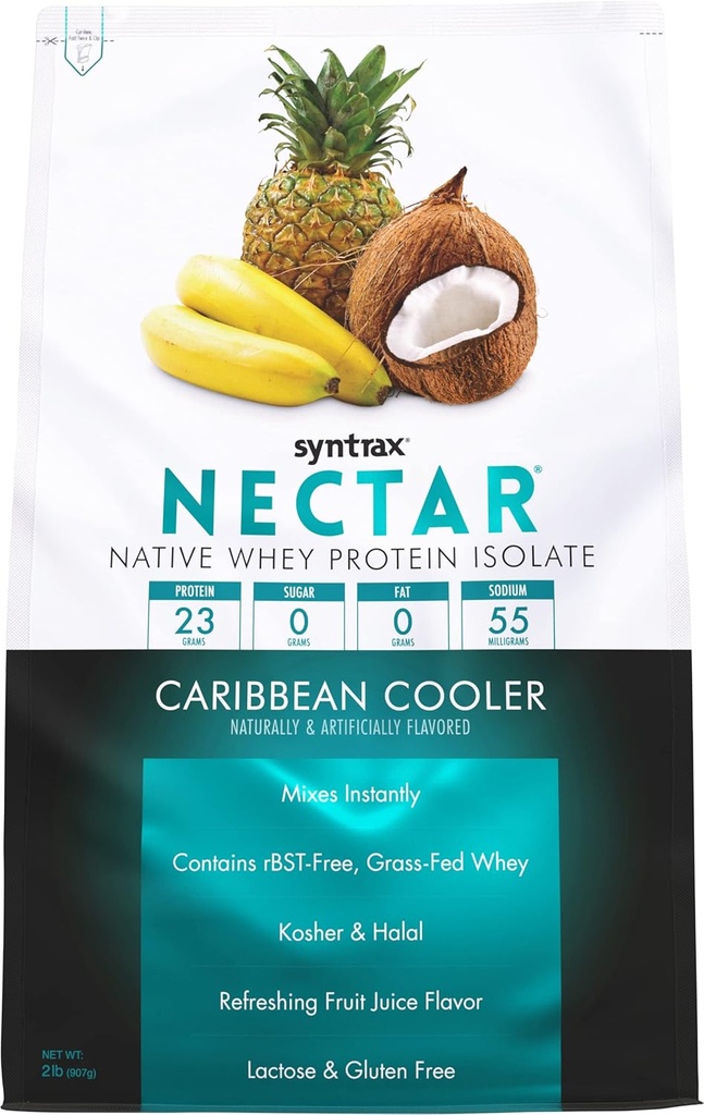 Syntrax Nutrition Nectar, 100% Whey Protein Isolate Powder, Refreshing Fruit Flavor, Caribbean Cooler, 2 lbs