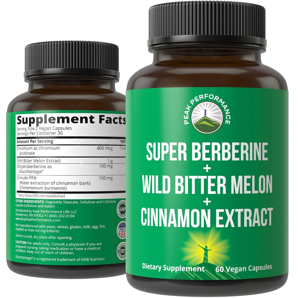 Ultra High Strength 4- In-1 Super Berberine Patenteret GlucoVantage + Wild Bitter Melon + Cinnamon Extract + Chrom Picolinate Vegan Kapsler. Stort supplement til support eftermåltid spikes og energi