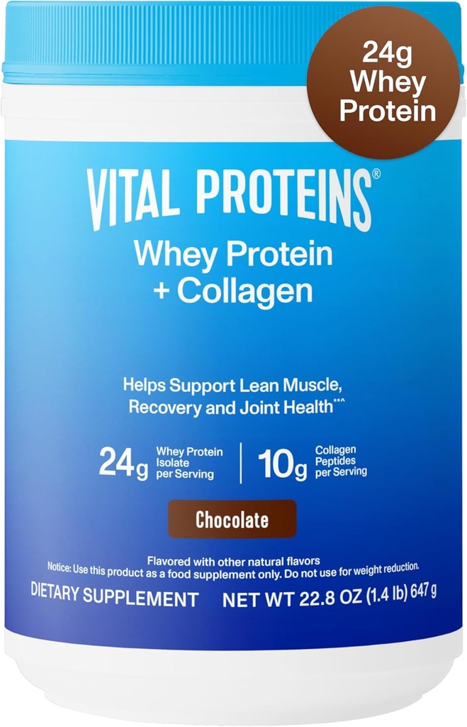 Vital Proteins Whey Protein Powder + Collagen Peptider, 24g Protein Support Recovery & Joint Health, med C-vitamin, Om 16 Servere - Chokolade 22.8oz