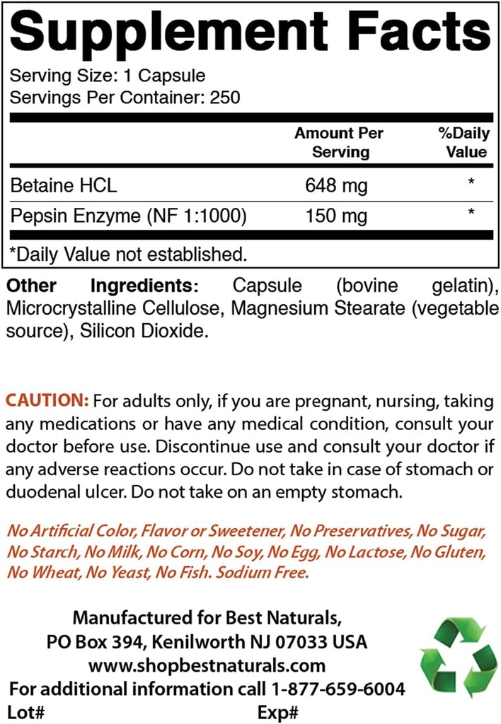Bedste Naturals betaine HCL 648 mg & Magnesiumchlorid 520 mg