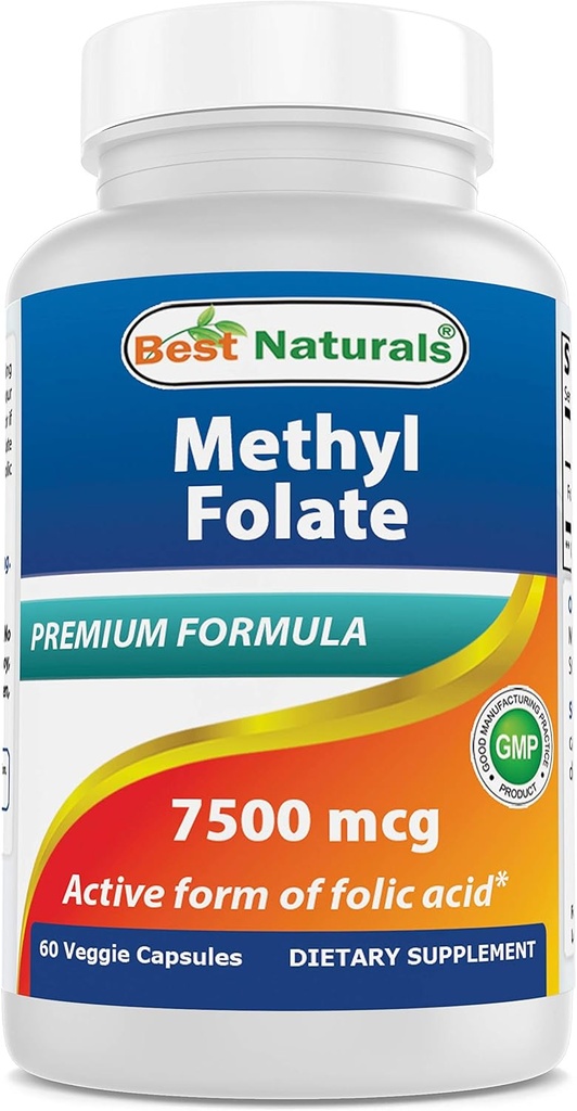 Bedste Naturals Methyl Folate 7500 mcg (7.5mg) (Mest bio- tilgængelige) Veggie Capsule - Understøtter celledannelse vækst funktion, hjerne, hukommelse, kardiovaskulær sundhed, 60 greve