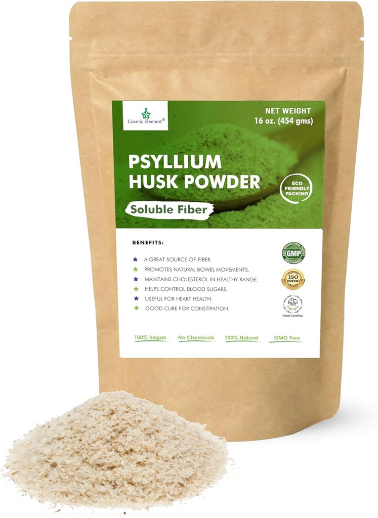 Kosmisk element 100% Psyllium Husk pulver Organic - Finely Ground Fiber Supplement for regelmæssighed & Keto Budd124; Psyllium Husk pulver til bagning og glutenfri brød - 16 oz