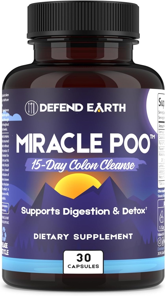 15 dag Gut Cleanse, Miracle Poo Colon Cleanse Kapsler til Detox & fordøjelsesstøtte med Psyllium Husk, Senna, & Cascara Sagrada, Non- GMO, 30 Kapsler