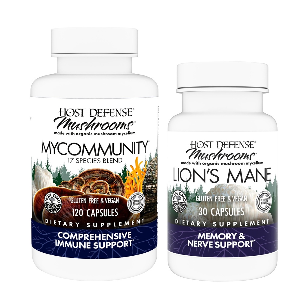 Værtsforsvar MyCommunity Kapsler, 120 Count & Lions Mane Kapsler, 30 Count - Support immunforsvar med 17 Arter Mushroom Blend - Support Brain Health, Memory & Focus *