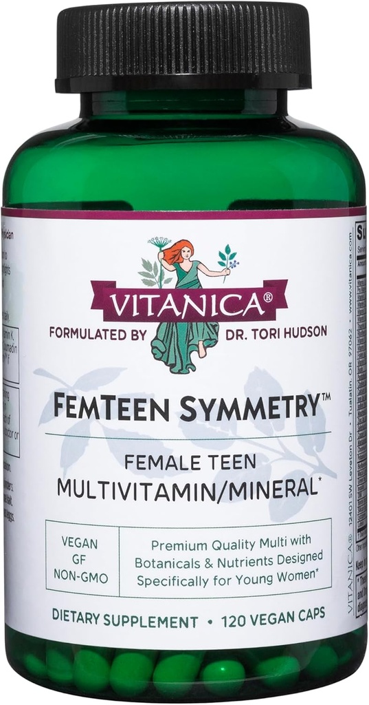 Vitanica FemTeen Symmetry, Vitamins for Teens Daily Multivitamin, Vegan, 120 Capsules