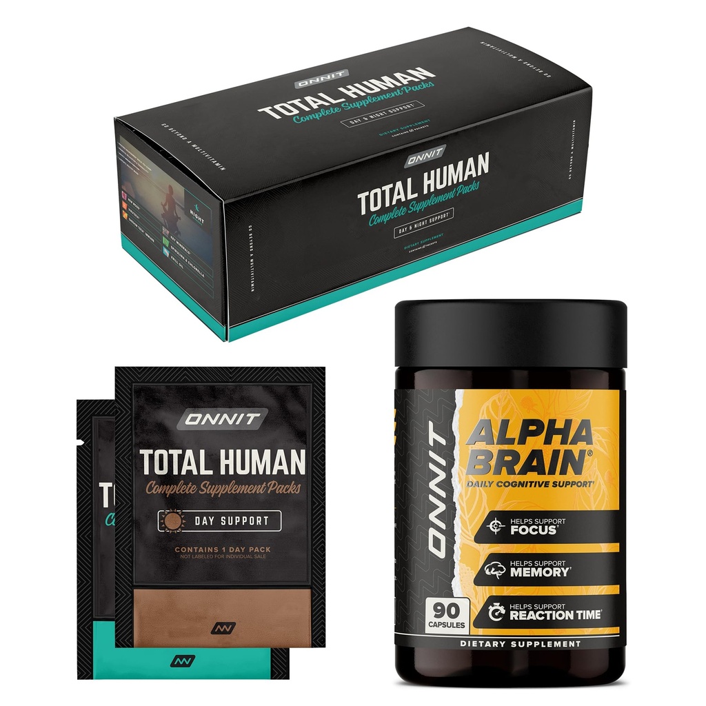 ONNIT Premium Alpha Brain Bundle - Nootrop Brain Supplement (90 Greve) for fokus, koncentration og hukommelse + alt menneske dag og nat vitaminpakker til mænd og kvinder (30-dages forsyning)