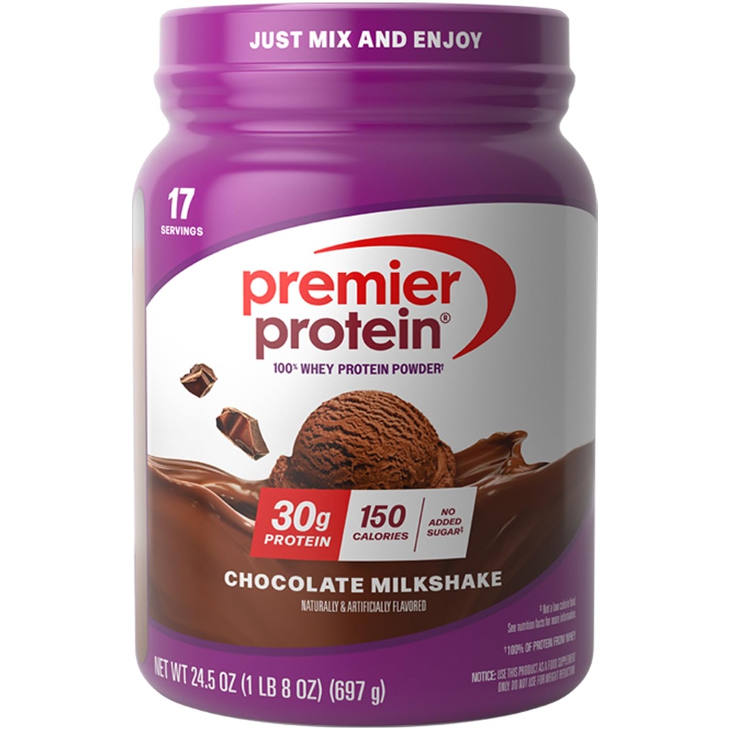 Premier Protein Powder, Chokolade Milkshake, 30g Protein, 1g Sukker, 100% Whey Protein, Keto Friendly, No Soy, Gluten Free, 24.5 oz (17 Servere)
