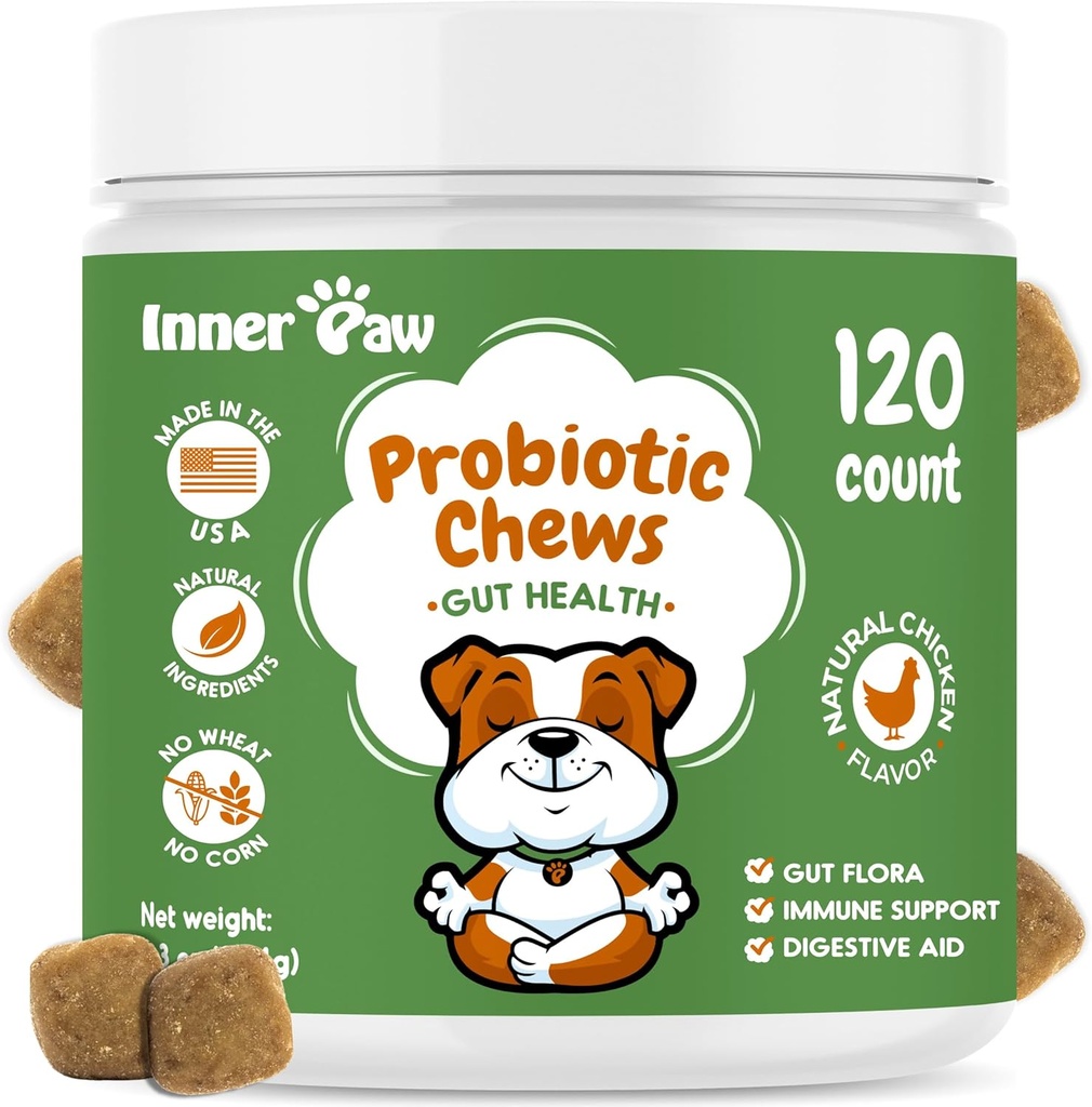 Indre Paw Probiotika til hunde, fordøjelige enzymer & Prebiotic Formel for Gut Health, Hundeprobiotika til Diarré, tarm- og immunstøtte, kylling flavor, 120 Soft Chews