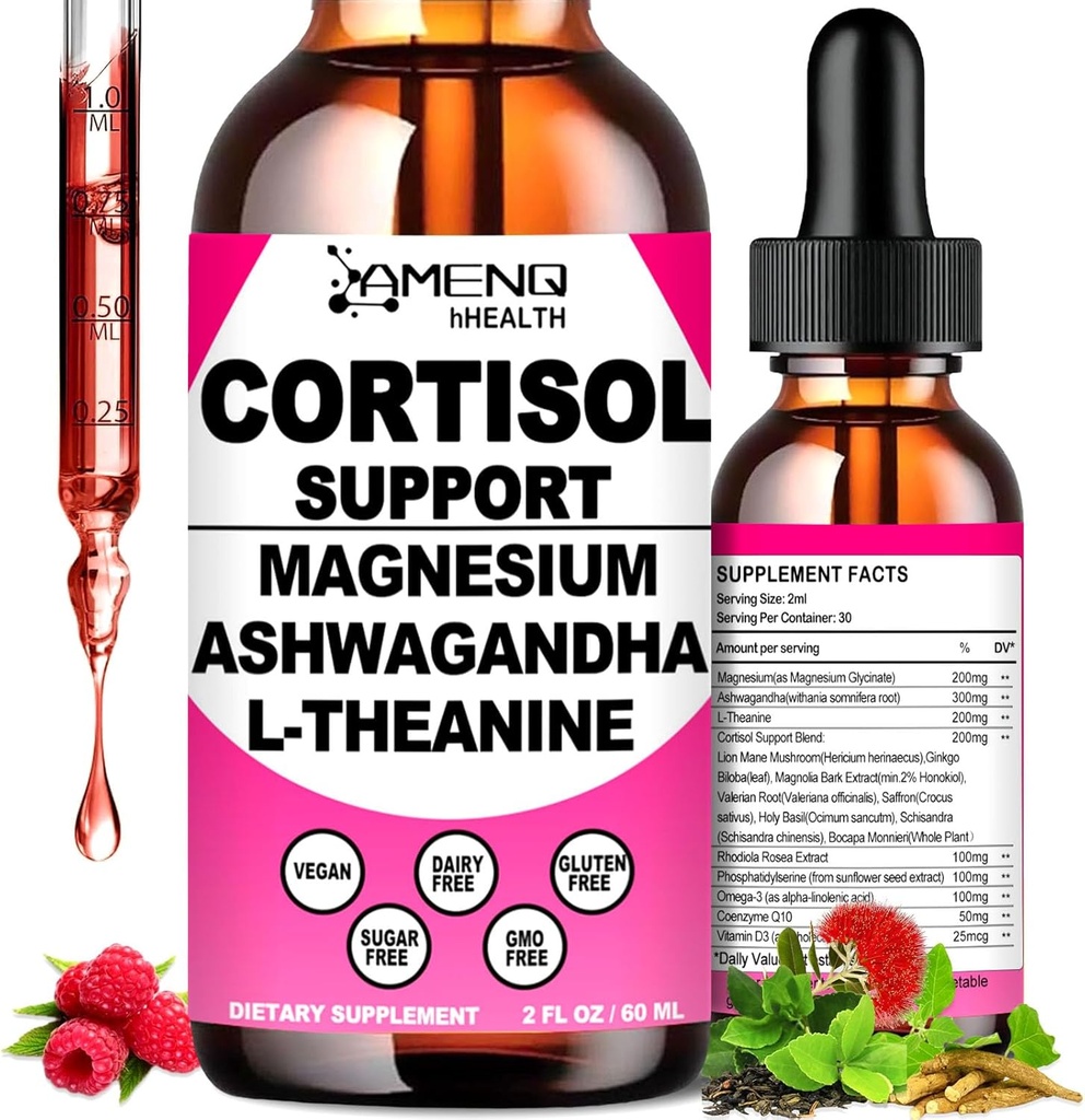 Cortisol Supplement Liquid Drops, 17- in-1 Cortisol Reducer w. Ksm- 66 Ashwagandha Theanine Rhodiola Rosea Magnesium Phosphatidylserin, Hormon Balanceret & Lavere Cortisol for kvinder rolig * Afslapning