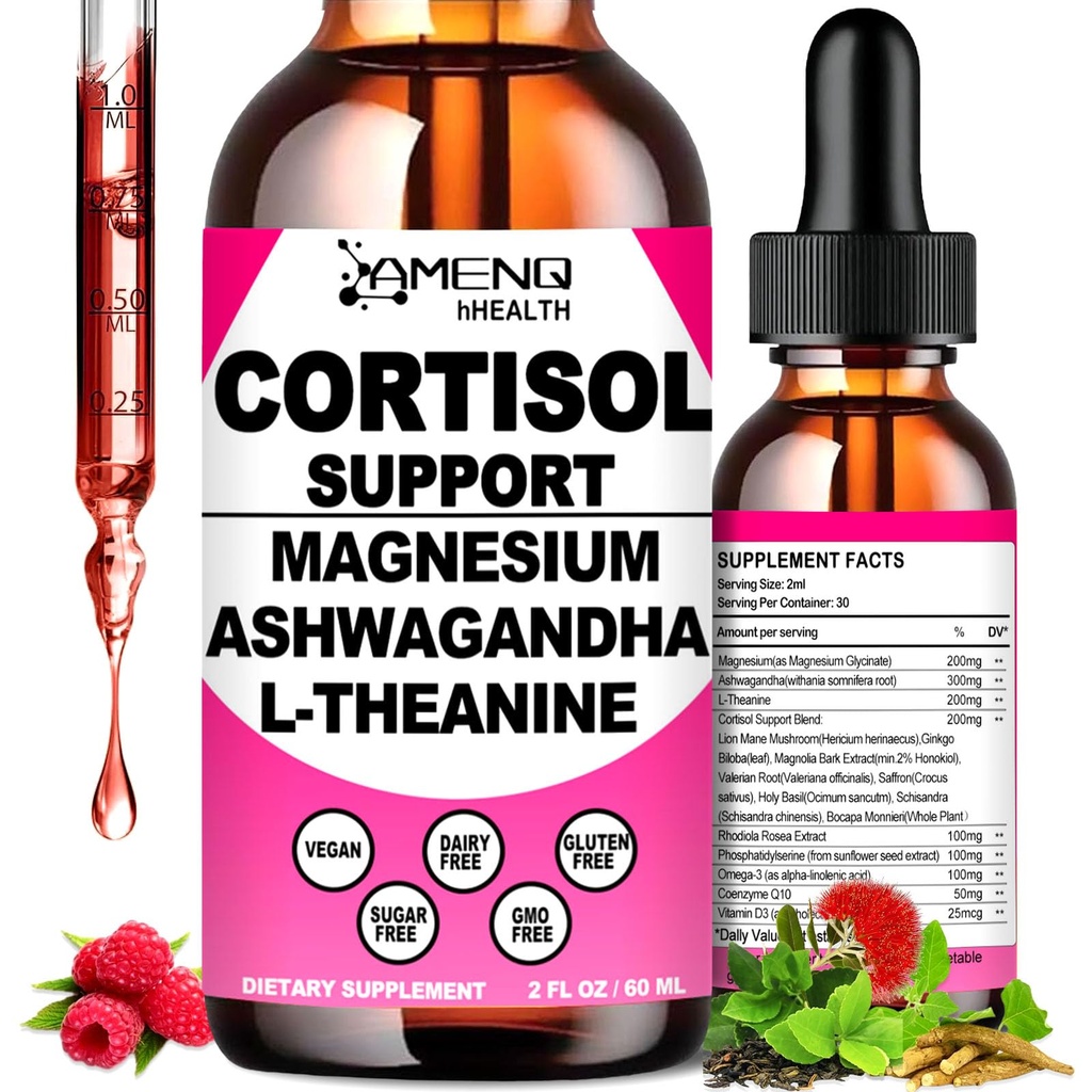 Cortisol Supplement Liquid Drops, 17- in-1 Cortisol Reducer w. Ksm- 66 Ashwagandha Theanine Rhodiola Rosea Magnesium Phosphatidylserin, Hormon Balanceret & Lavere Cortisol for kvinder rolig * Afslapning