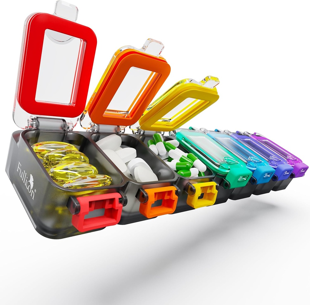 Fullicon Weekly Pill Organizer 7 Dag Ultra Fugt og Spille Bevis Daily Pill Box, Stor medicin sag med Secure Spænde, Compact Travel Pill Container til Pill, Vitamin, & Fish Oil (Rainbow Black)