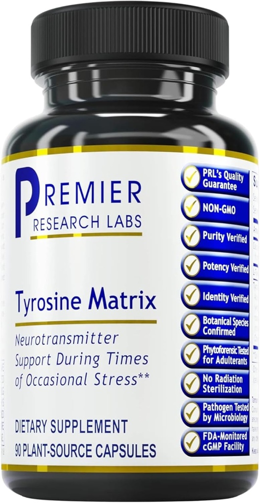 Premier Research Labs Tyrosine Matrix - L Tyrosine Supplement, L- tyrosin 944mg kapsler til voksne, Aminosyrepiller med rød alger & Rhodiola Rosea - 90 Vegetariske kapsler