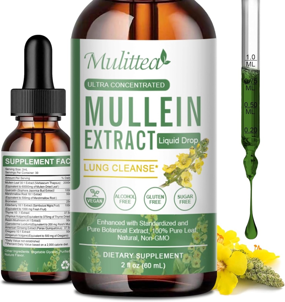 Mullein dråber til Lungs & Lympletic Drainage - Lung Cleanse & Detox- Vegan Mullein Leaf Extract Support Immunitet, Respiratory fordøjelse -9 Potent urte supplement til Renew -Som flydende