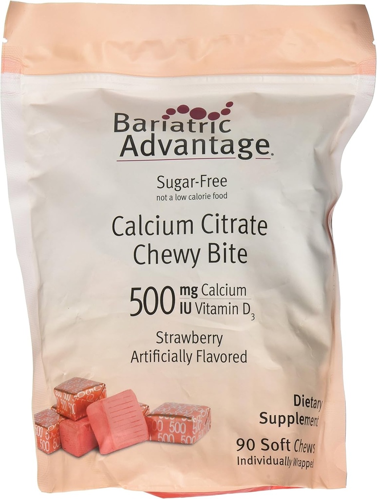 Bariatric Advantage Calcium Citrate Chewy Bites, Sugar- Free Strawberry (90 tæller) 500mg