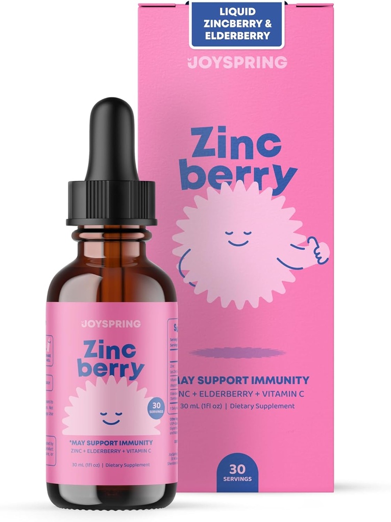 JoySpring ZincBerry - Kids Zink & Vitamin Supplement (1 fl oz) Immunsupport Drops med Elderberry Flavor til børn 2-16 + År